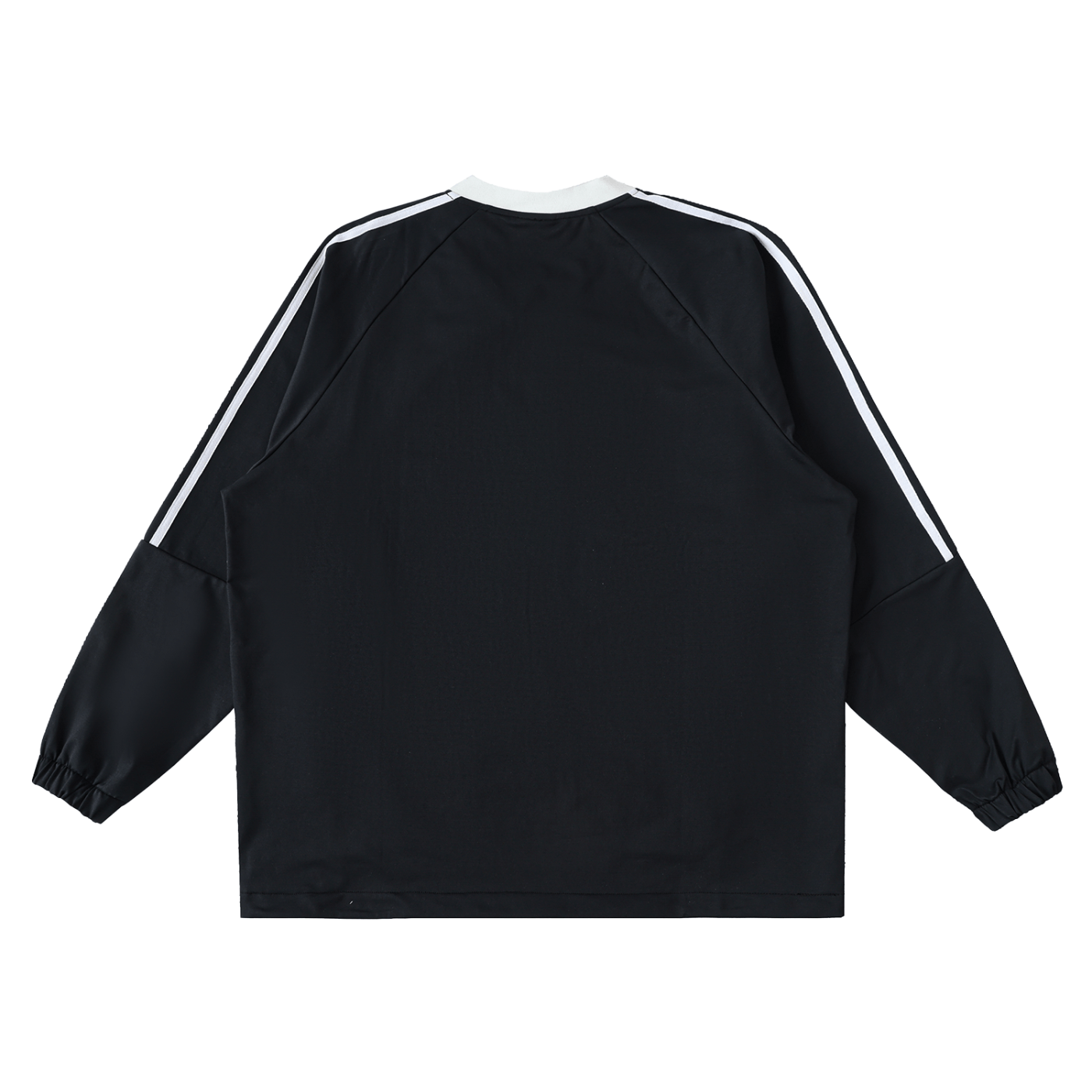 Black long-sleeve shirt with white stripes on sleeves against a white background
