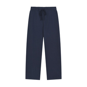 Navy blue pants with a drawstring on a white background