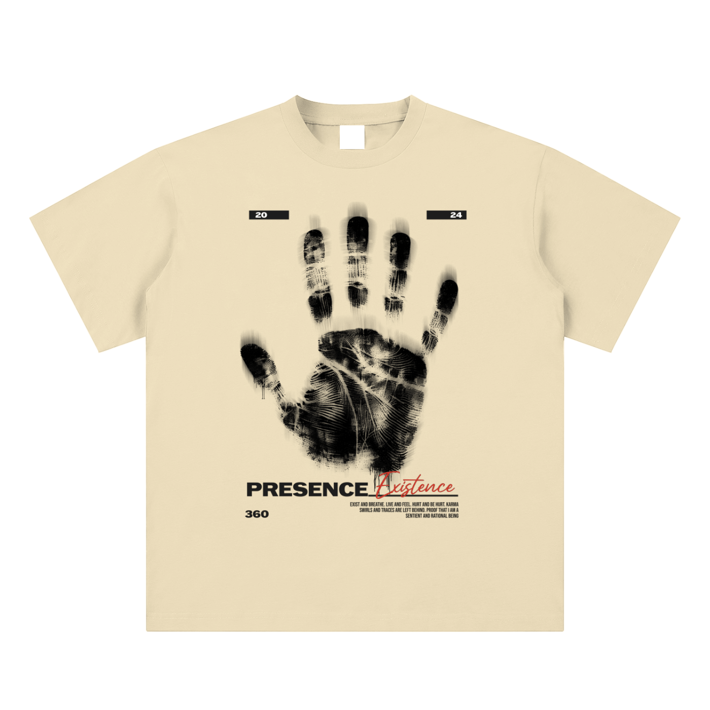 Beige t-shirt with black handprint design and text on a white background