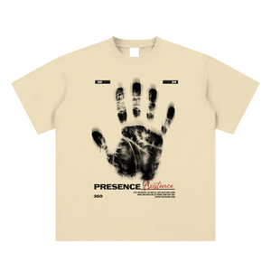 Beige t-shirt with black handprint design and text on a white background