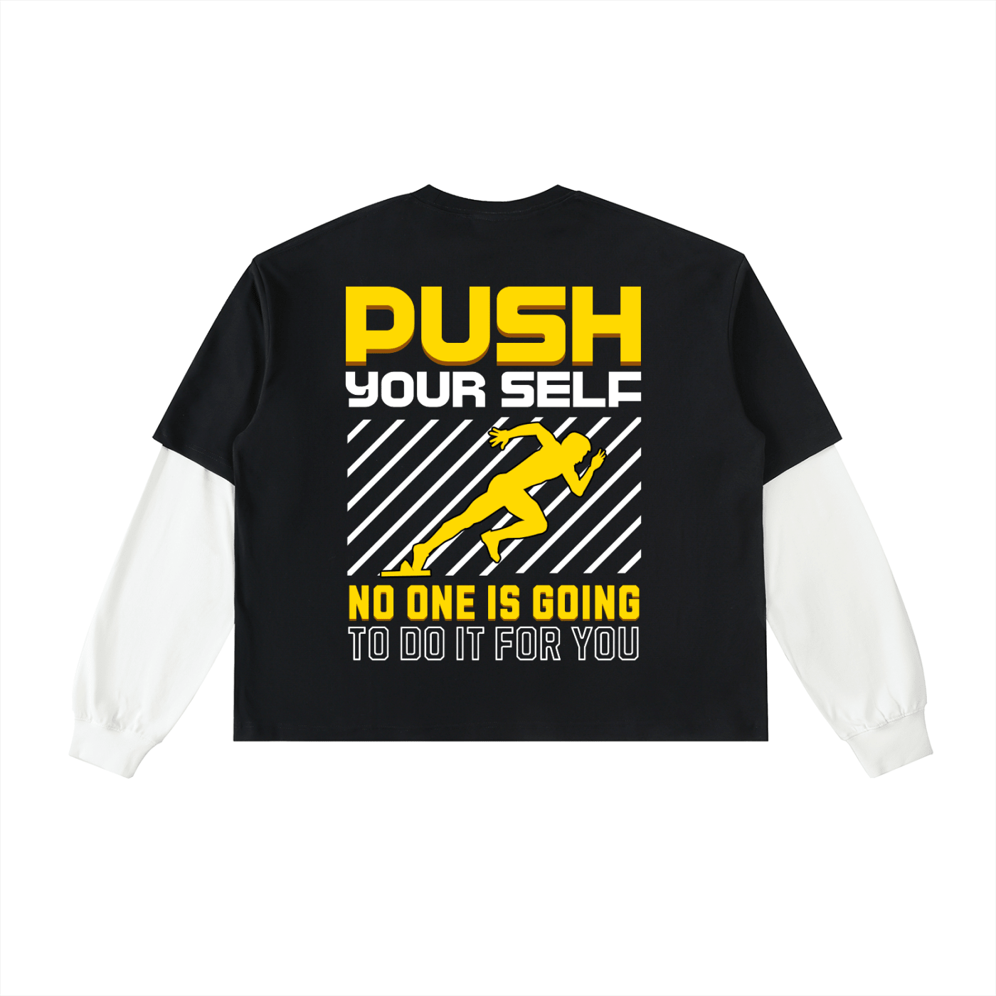 A black long-sleeve crop top with white sleeves, featuring a bold graphic on the back with yellow and white text and a running figure.