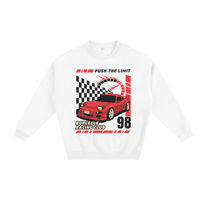White sweatshirt with a red car graphic and text on a white background