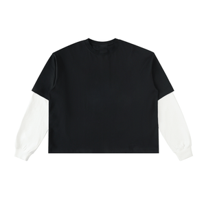 Black t-shirt with white sleeves on a white background