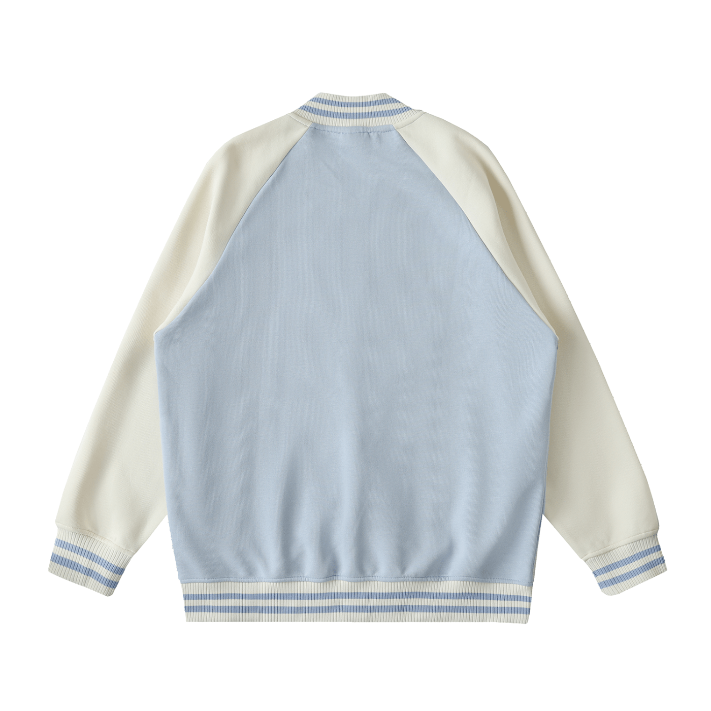 Light blue and cream baseball jacket on a white background