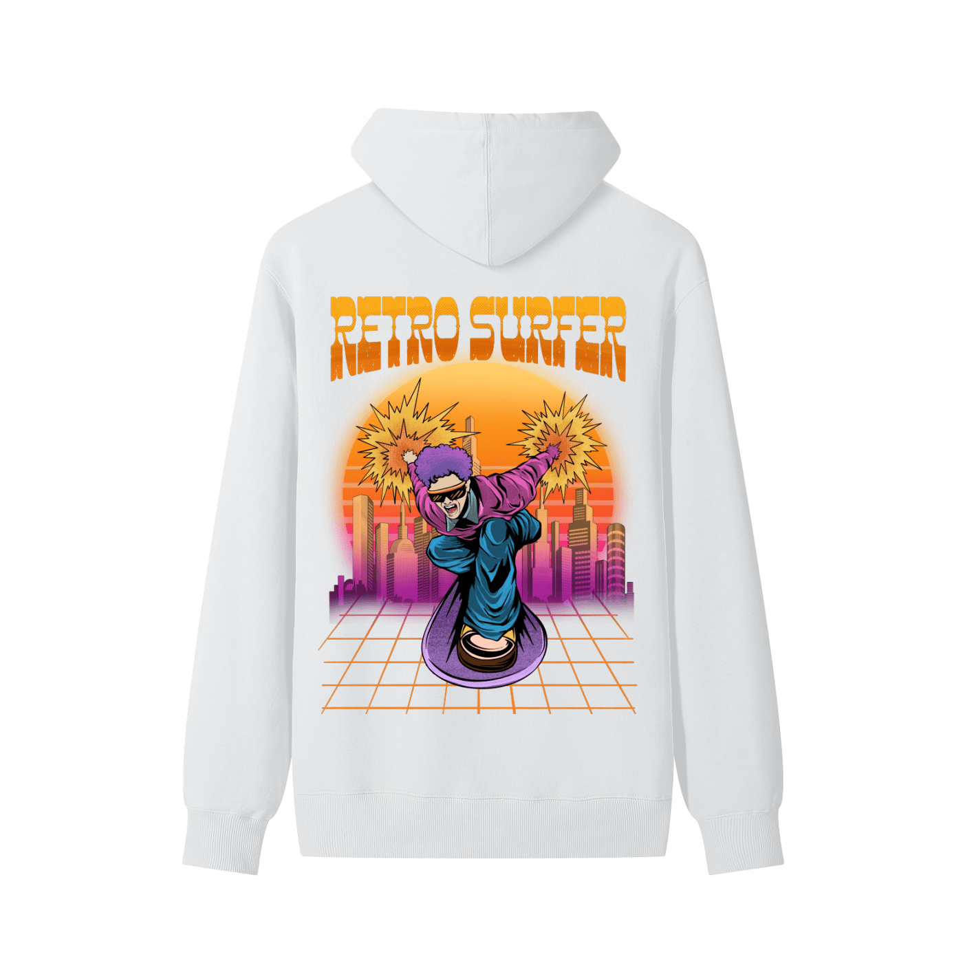 White hoodie with 'Retro Surfer' graphic design on a white background