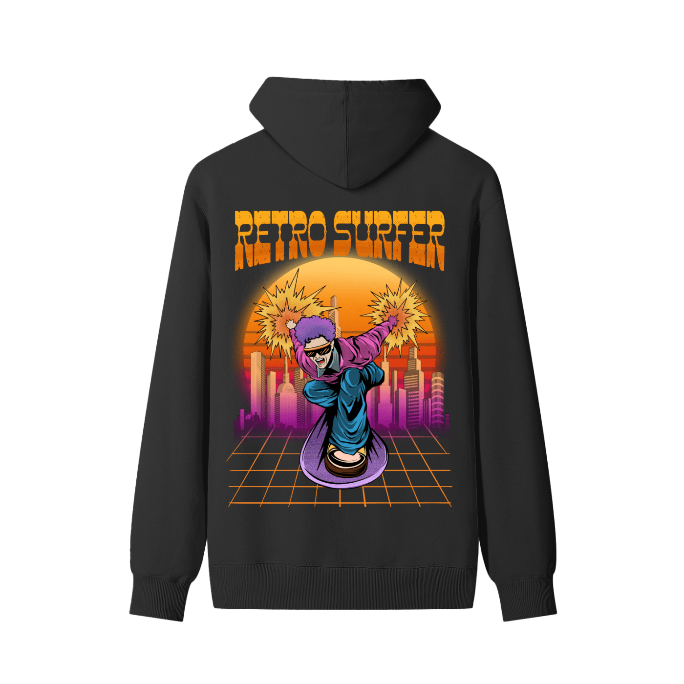 Black hoodie with a colorful 'Retro Surfer' design on the back