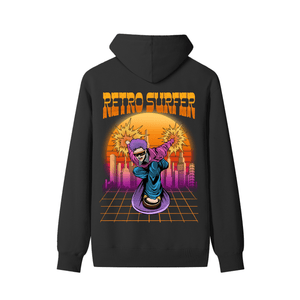 Black hoodie with a colorful 'Retro Surfer' design on the back