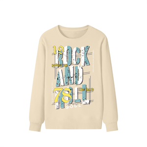 A beige long-sleeve crewneck sweatshirt featuring a retro-style graphic print on the front with the text '1978 ROCK AND BULL' in distressed blue, yellow, and white lettering.