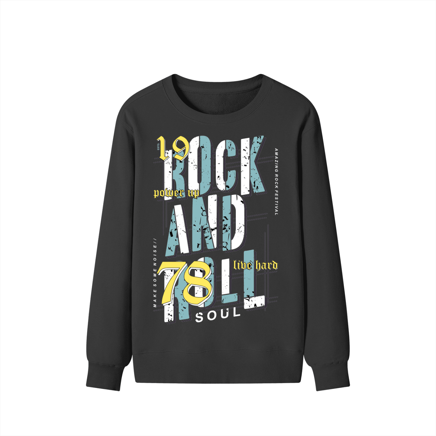 A black long-sleeve crewneck sweatshirt with a distressed graphic print on the front featuring the text '1978 ROCK AND ROLL SOUL' in light blue, yellow, and white.