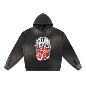 Black hoodie with Rolling Stones logo on a white background