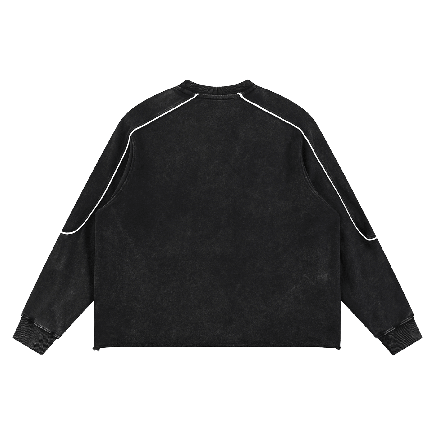 Black sweatshirt with white accents on a white background