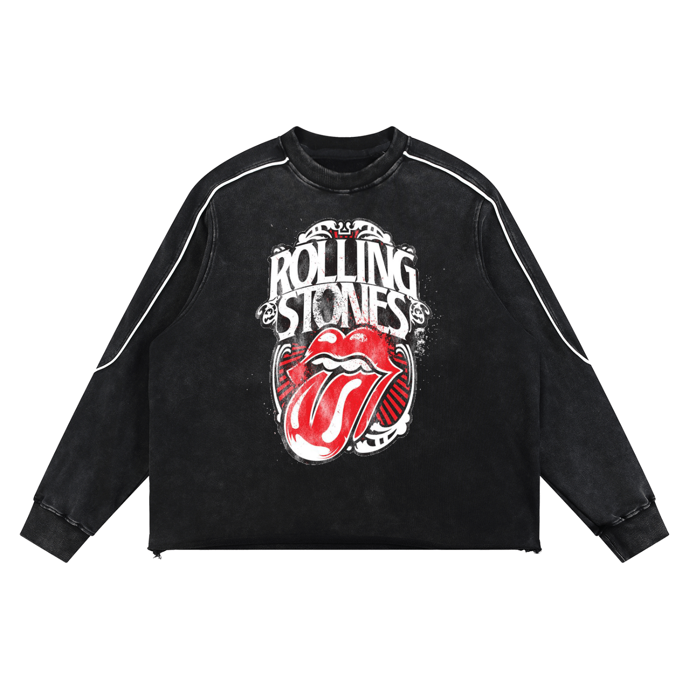 A black acid-wash long-sleeve sweatshirt featuring the iconic red and white Rolling Stones tongue and lips graphic on the front, with white piping along the shoulders and sleeves.