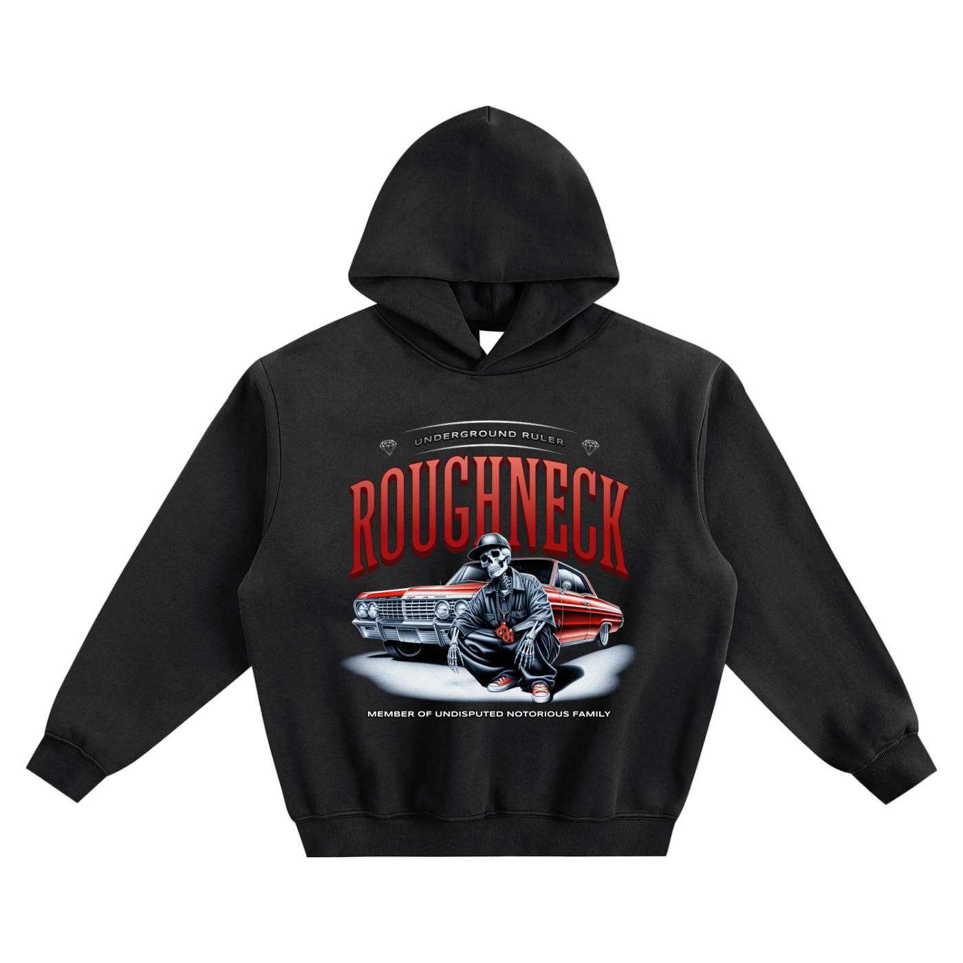 Black hoodie with 'Roughneck' graphic design on a white background