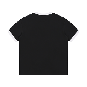 Black t-shirt with white trim on a white background