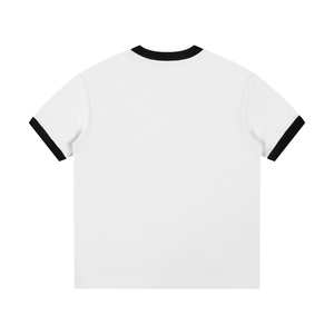 White t-shirt with black ringer sleeves on a white background