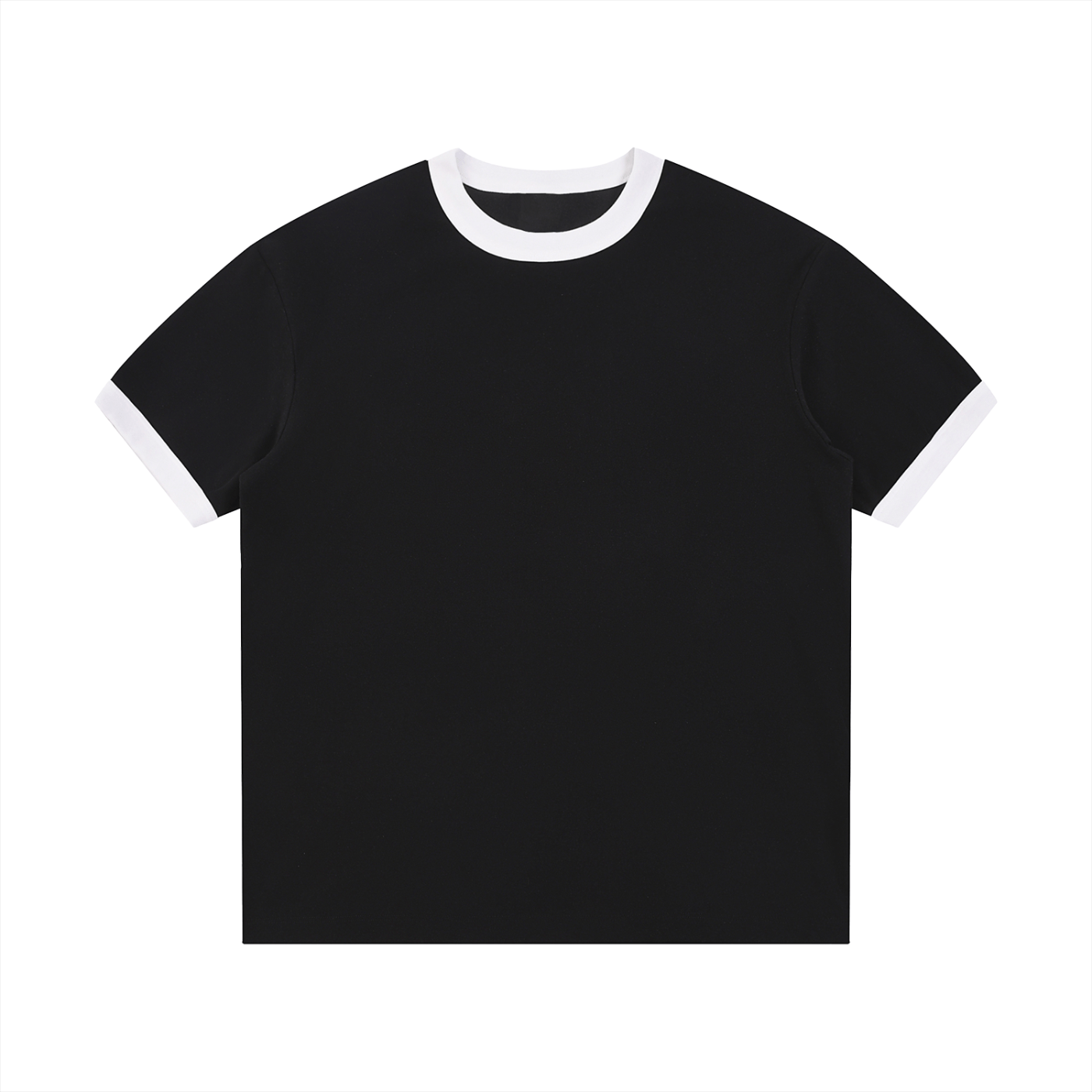 Black t-shirt with white trim on a white background