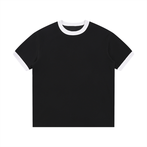 Black t-shirt with white trim on a white background