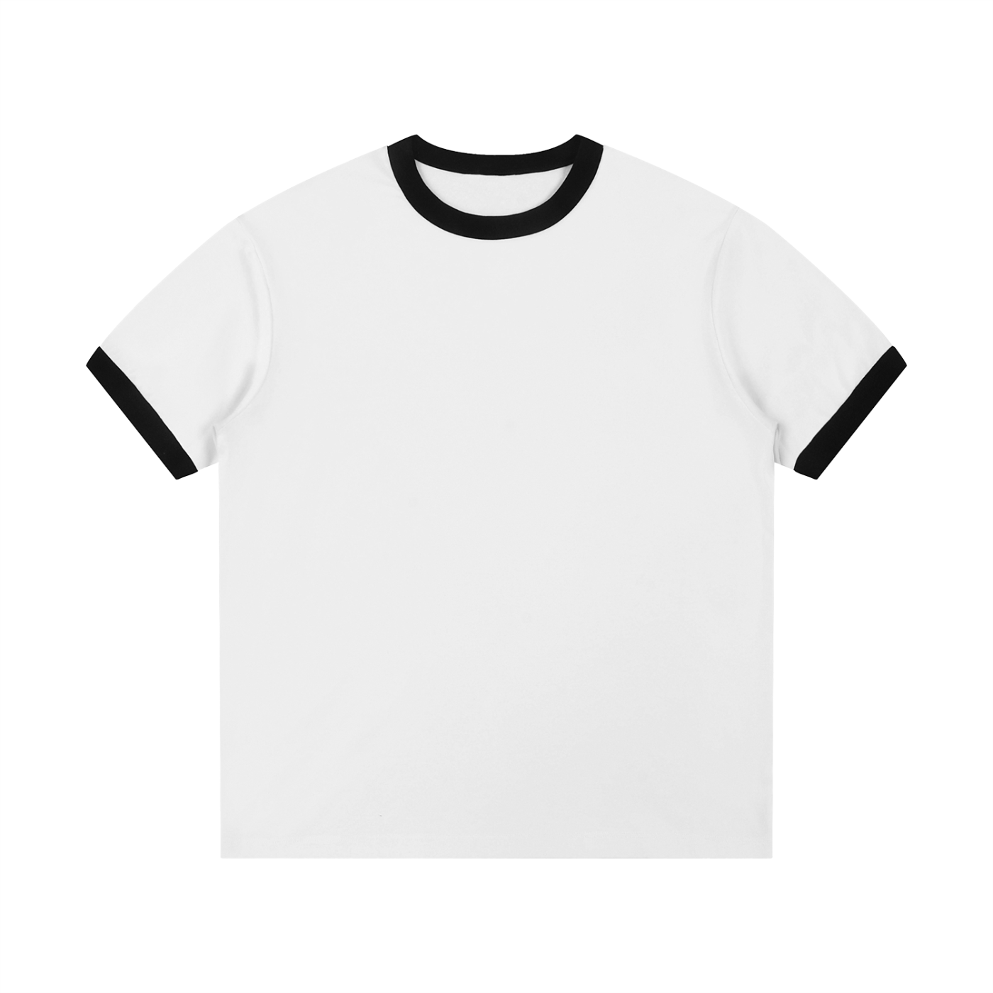White t-shirt with black ringer sleeves on a white background