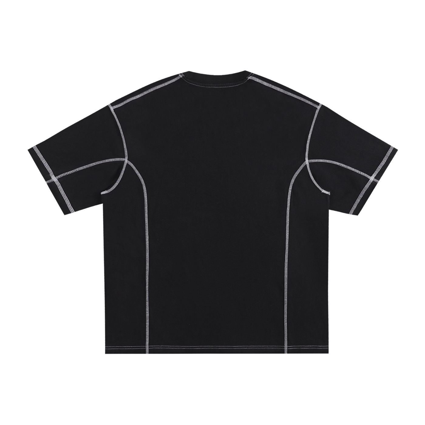 Black t-shirt with white geometric lines on a white background