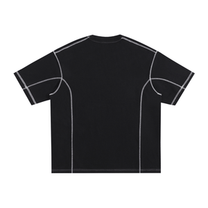 Black t-shirt with white geometric lines on a white background