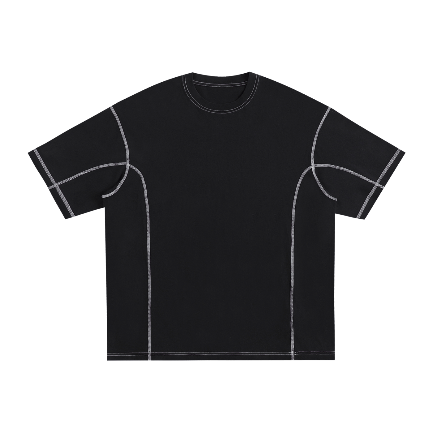 Black t-shirt with white line design on a white background