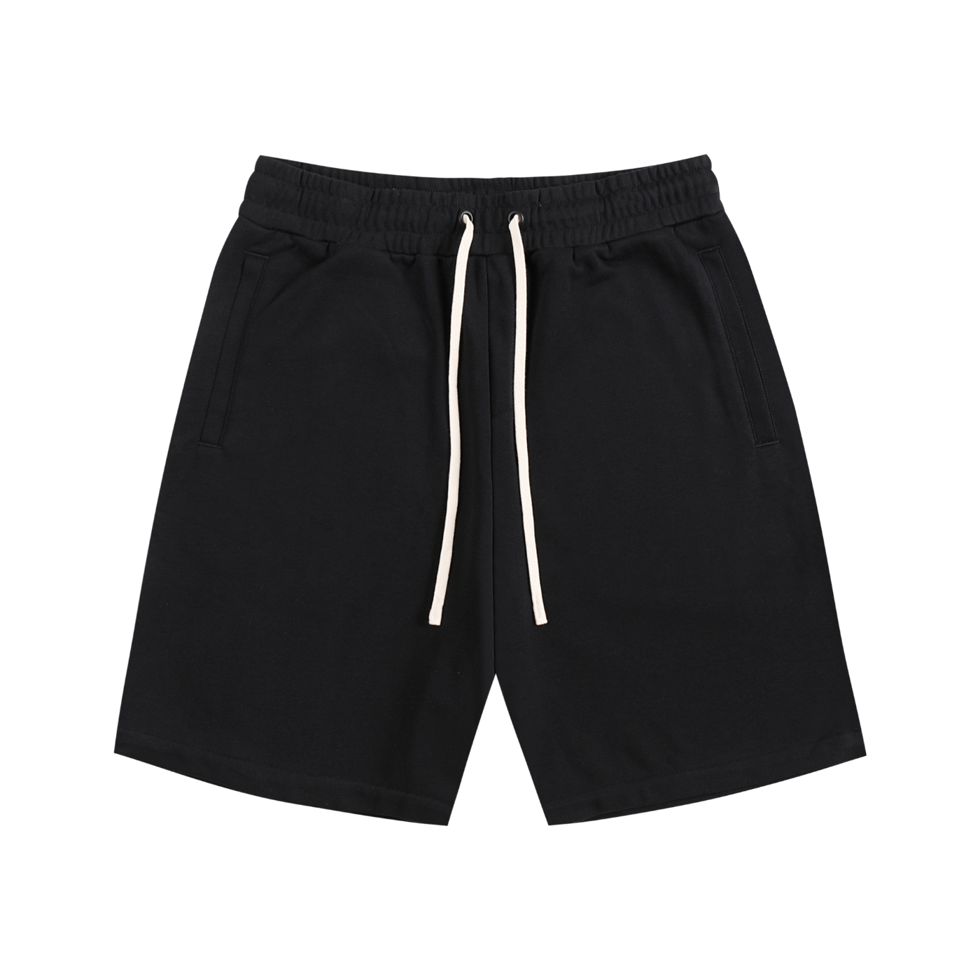 Black shorts with a drawstring on a white background