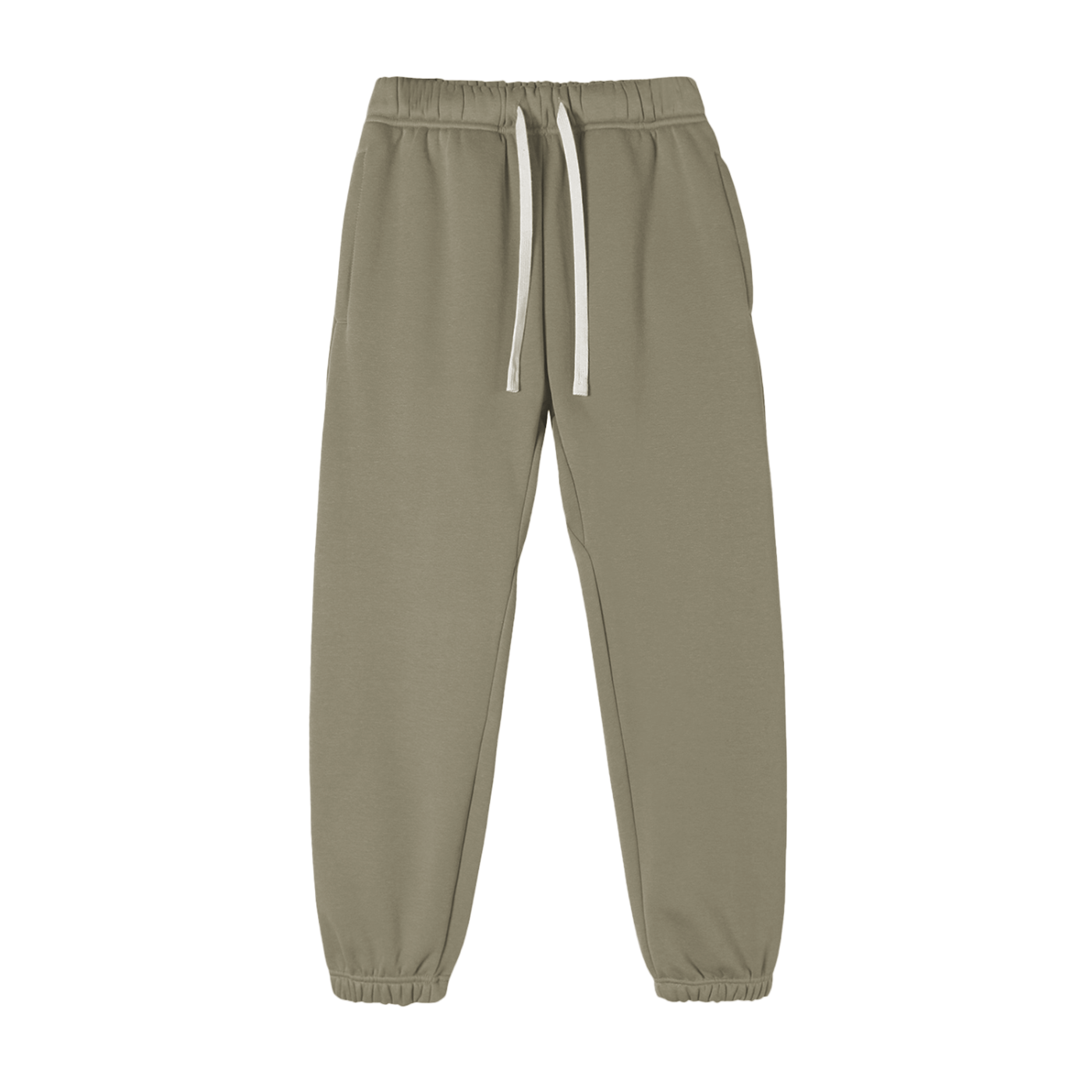 Khaki jogger pants with a white drawstring on a white background