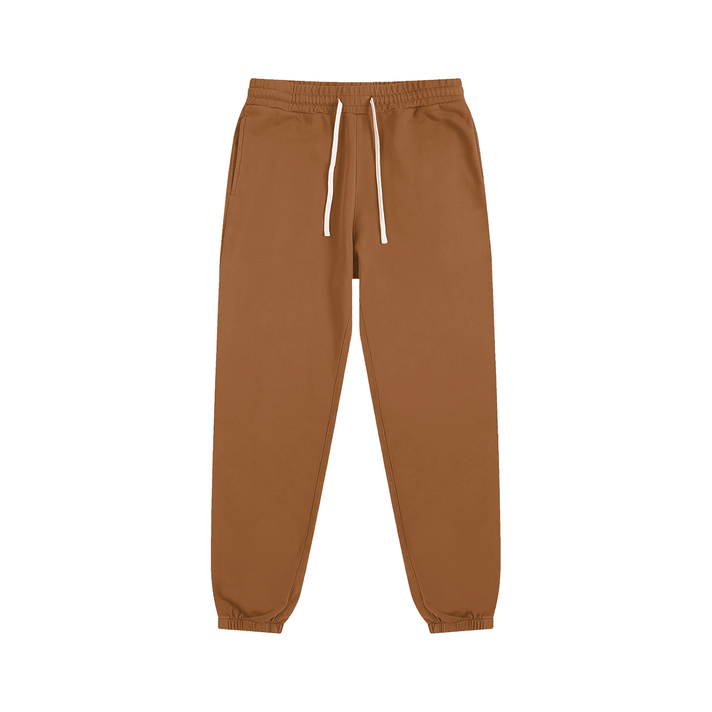Brown sweatpants with a drawstring on a white background