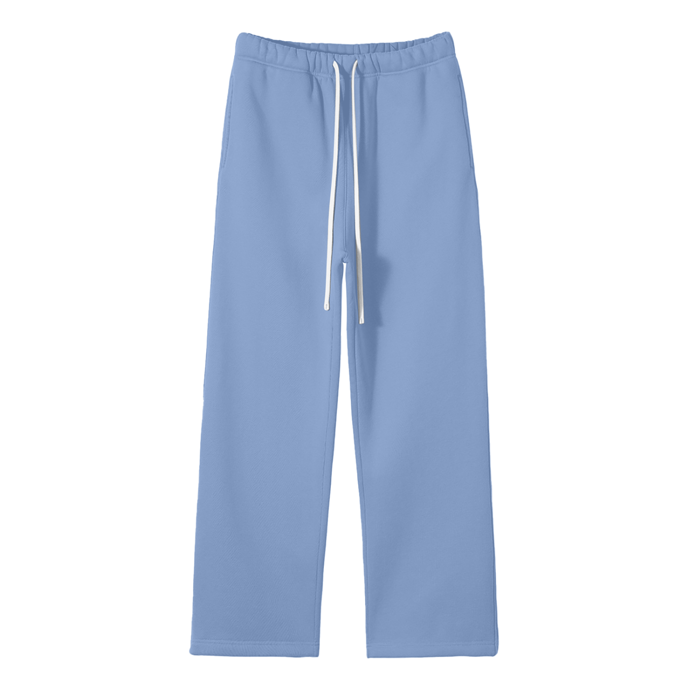 Light blue sweatpants with a drawstring on a white background