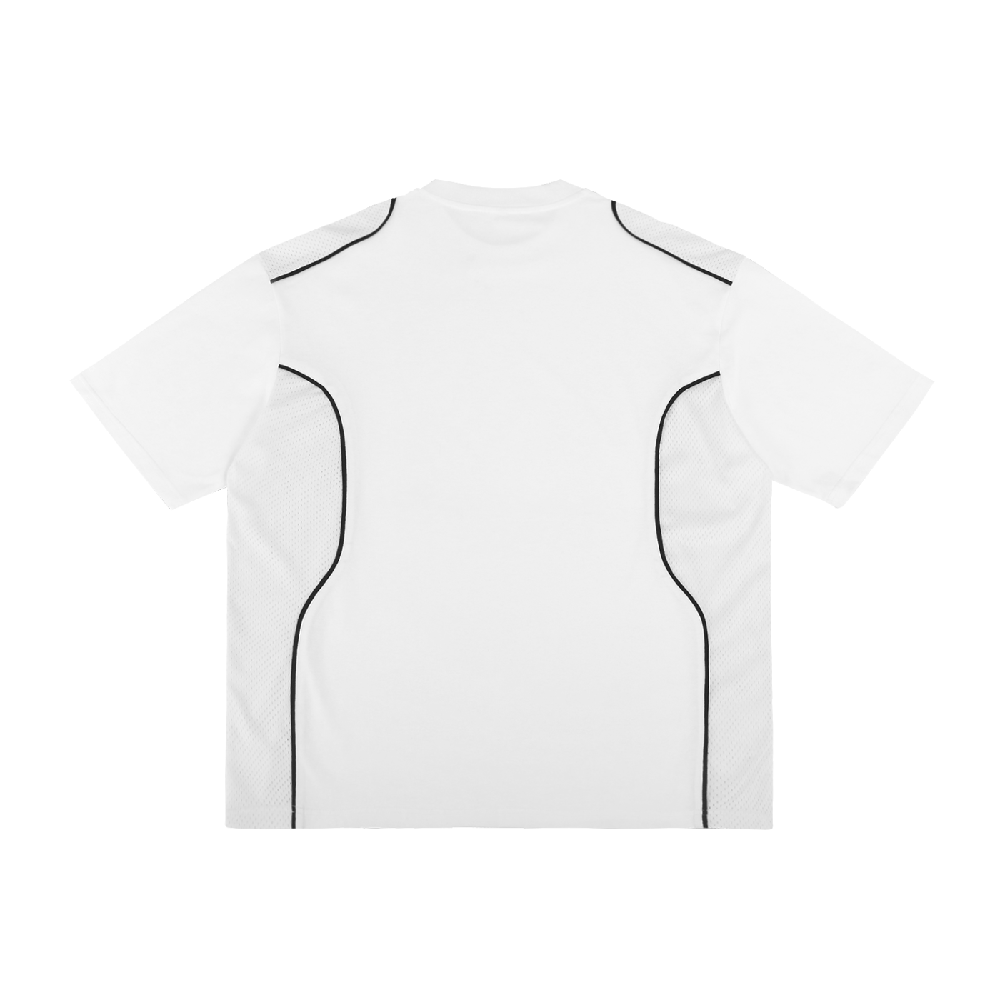 White t-shirt with black piping on a white background