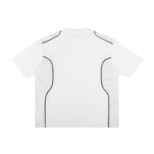 White t-shirt with black piping on a white background
