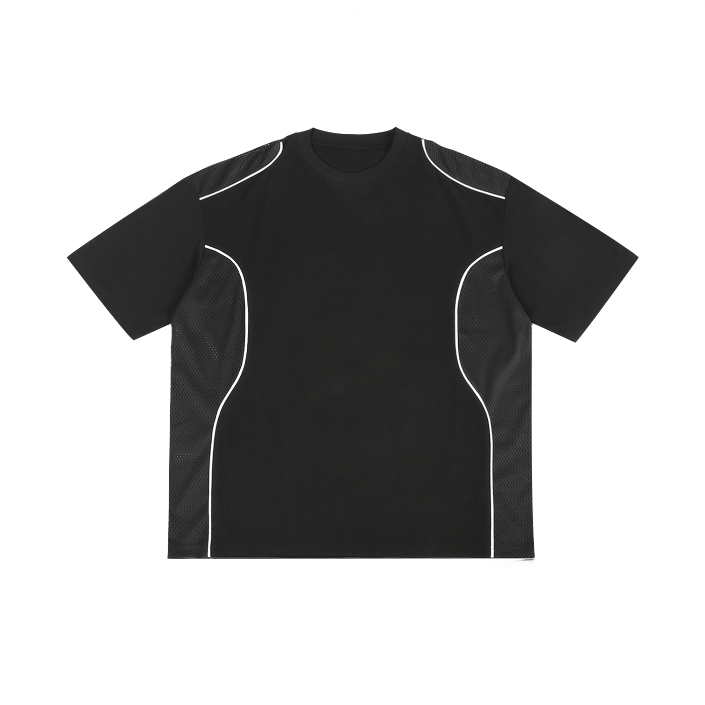 Black t-shirt with white accents on a white background