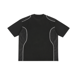 Black t-shirt with white accents on a white background