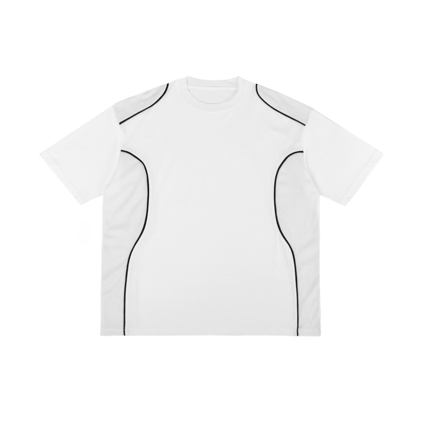 White t-shirt with black curved lines on a white background