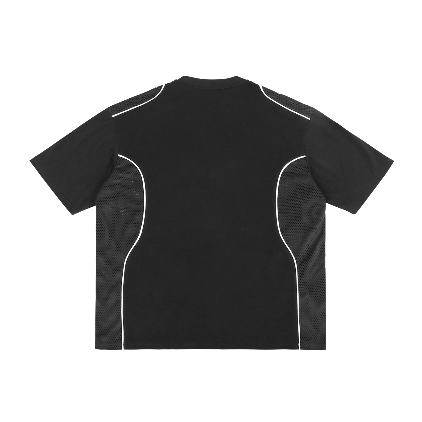 Black t-shirt with white accents on a white background