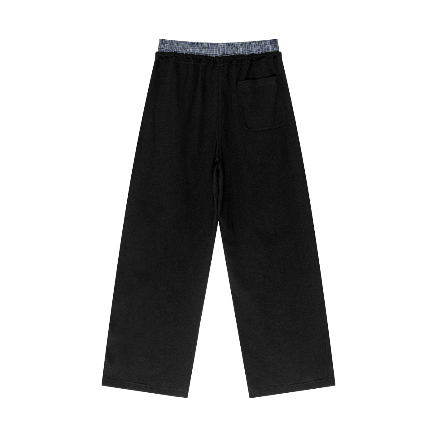 Black pants with a plaid waistband on a white background