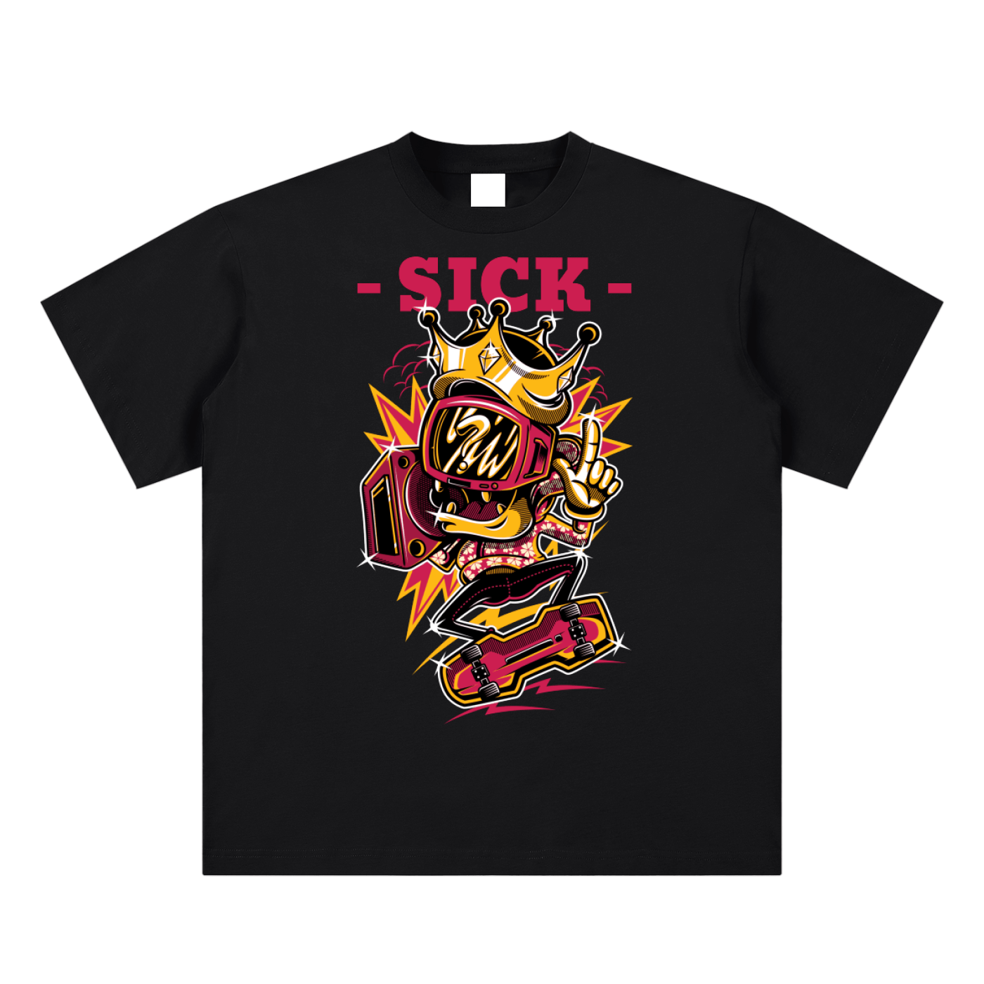 Black t-shirt with colorful graphic design and 'SICK' text on a white background