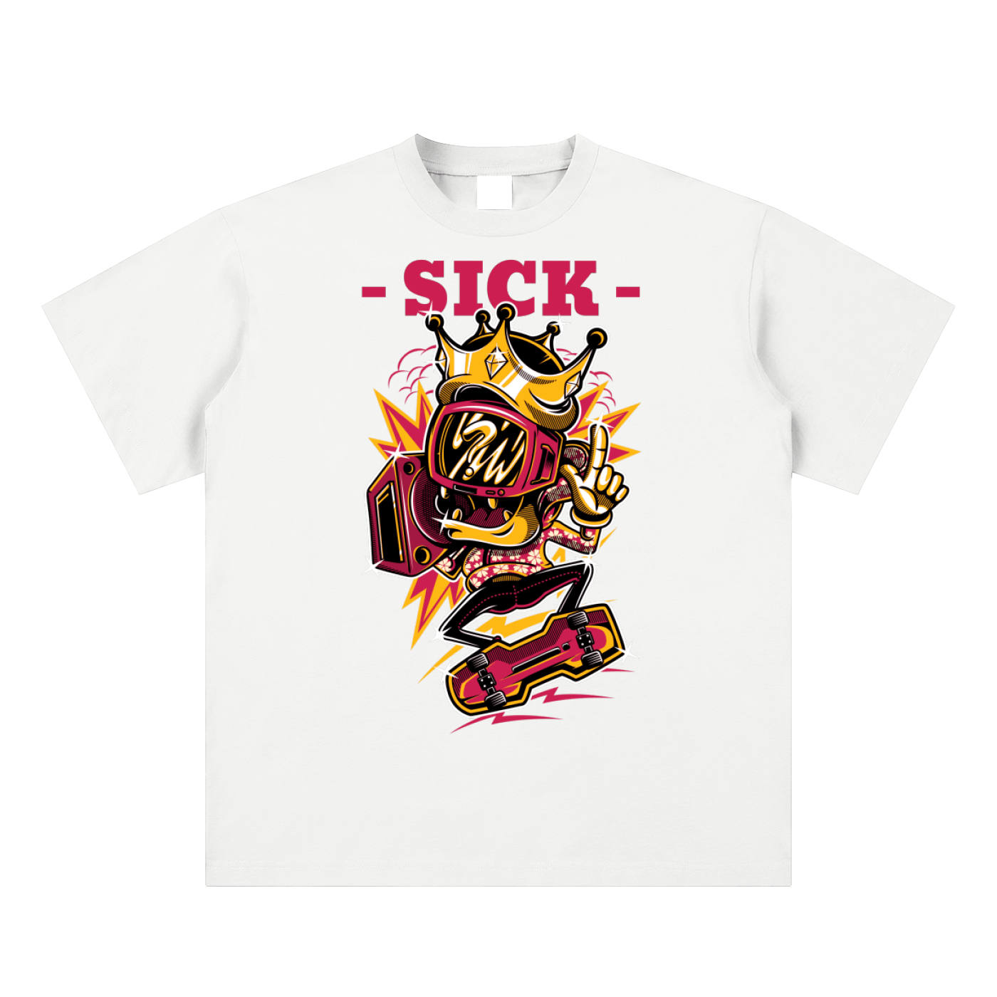 White t-shirt with a graphic design featuring a character with a crown and 'SICK' text on a white background