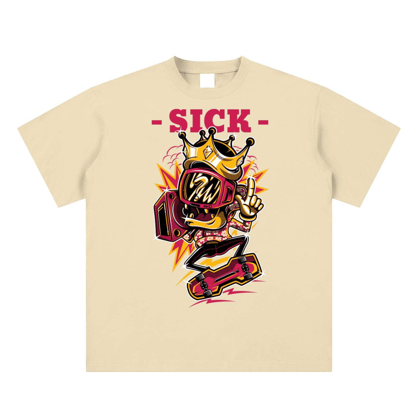 Beige t-shirt with a graphic design featuring a mask and skateboard, with the word 'SICK' above.