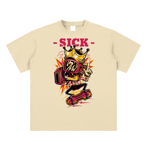 Beige t-shirt with a graphic design featuring a mask and skateboard, with the word 'SICK' above.