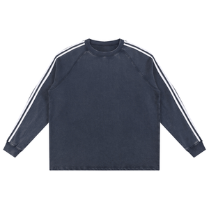 Navy long-sleeve shirt with white stripes on sleeves against a white background