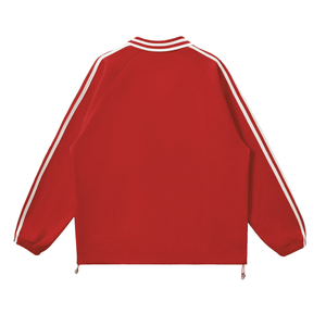 Red jacket with white stripes on sleeves and collar on a white background