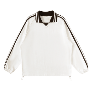 White jacket with black stripes on sleeves and collar on a white background
