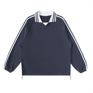 Navy jacket with white stripes on sleeves and collar on a white background