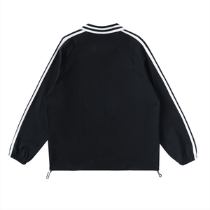 Black jacket with white stripes on sleeves and collar on a white background