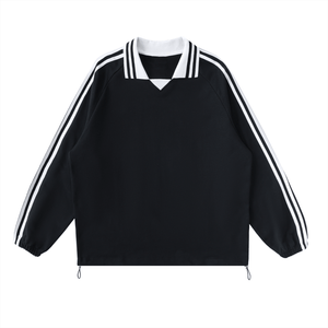 Black sweatshirt with white stripes on sleeves and collar on a white background