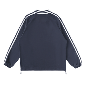 Navy jacket with white stripes on sleeves and neckline on a white background