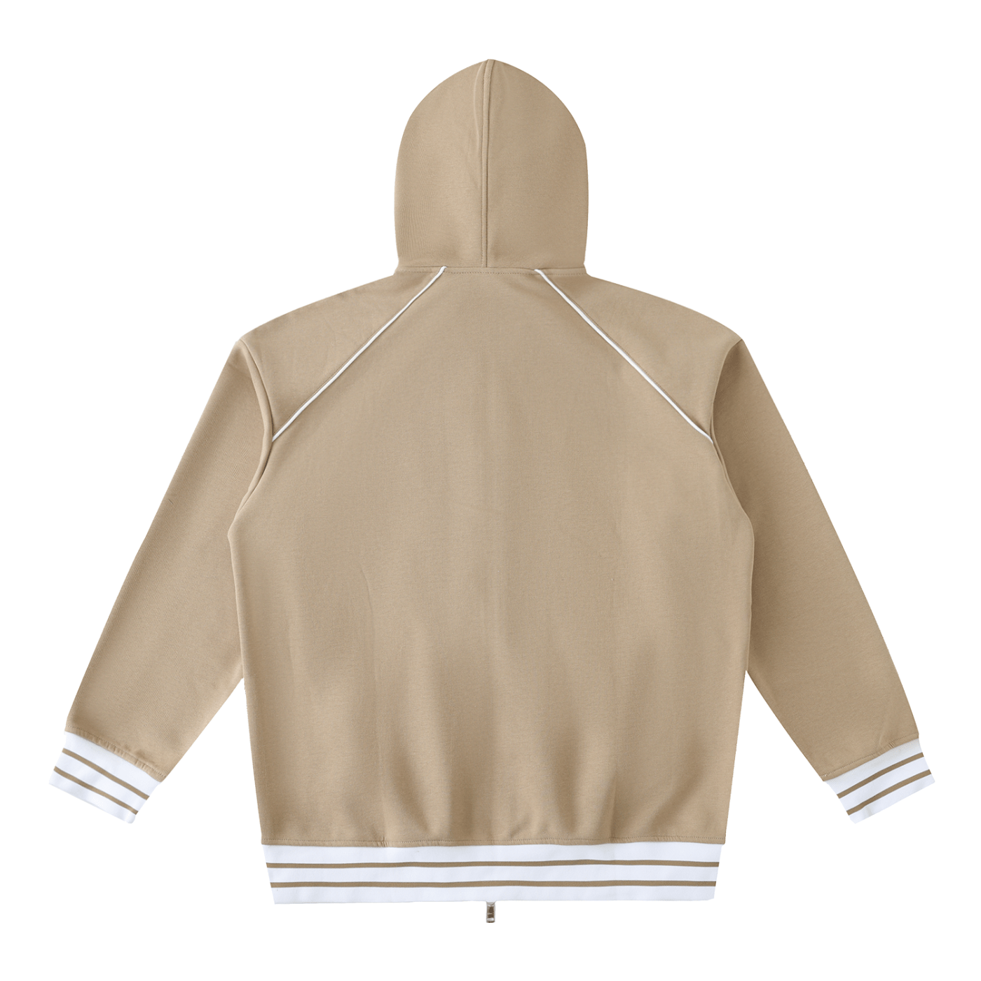 Beige hoodie with white trim on a white background