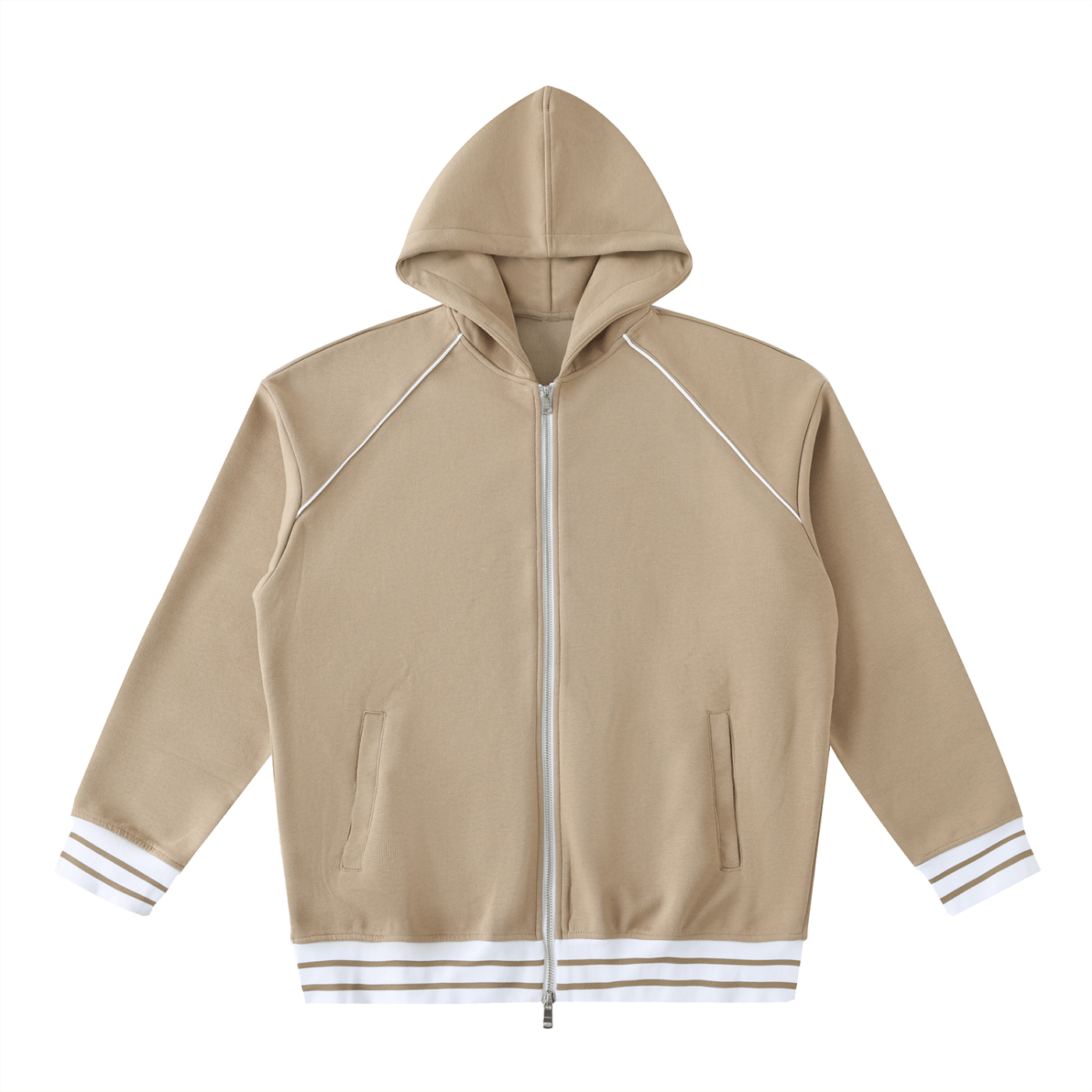 Beige hoodie with white accents on a white background