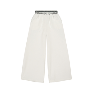White wide-leg pants with a striped waistband on a white background